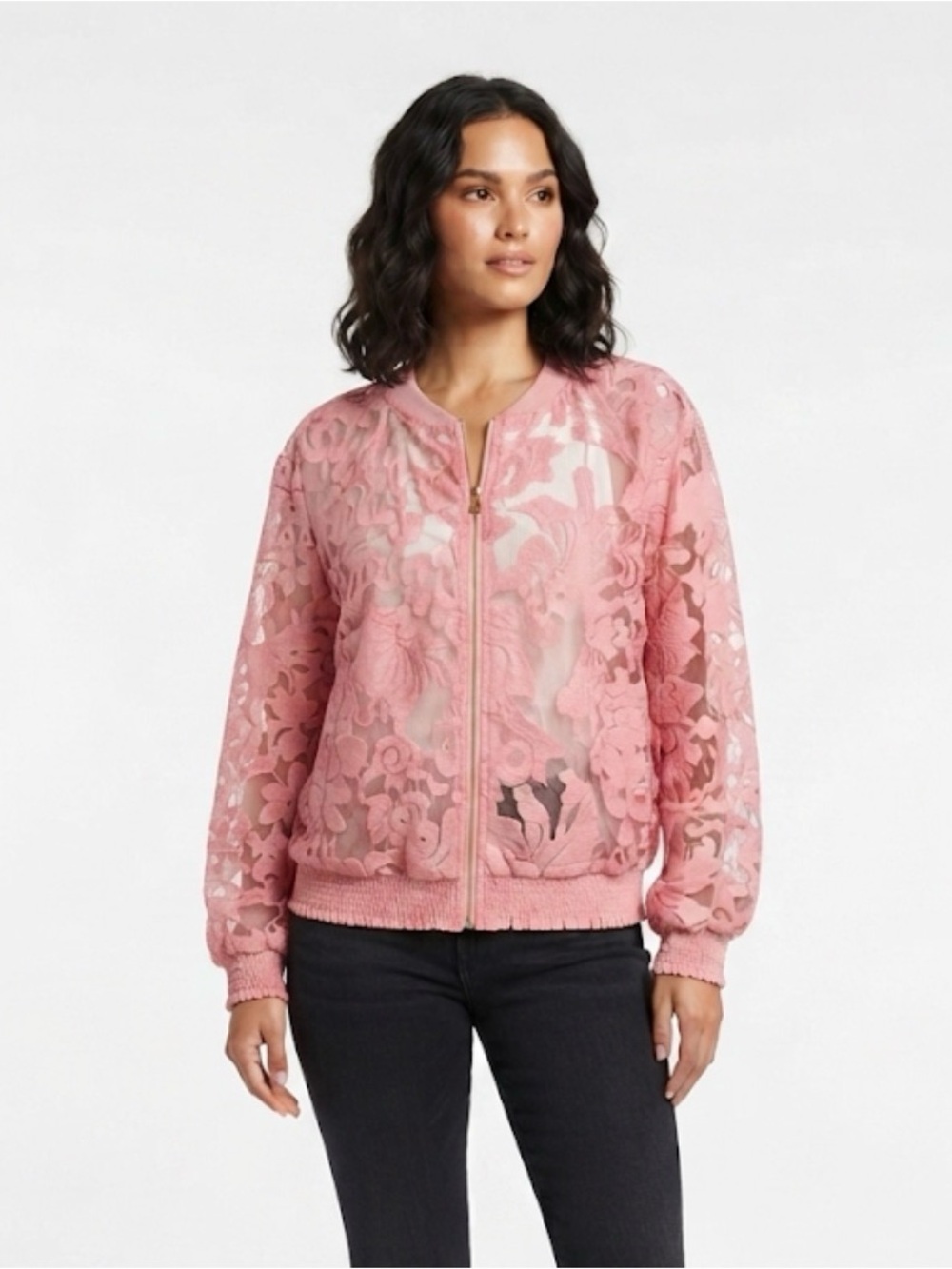 Lane Bryant Pink Floral Lace Bomber Jacket